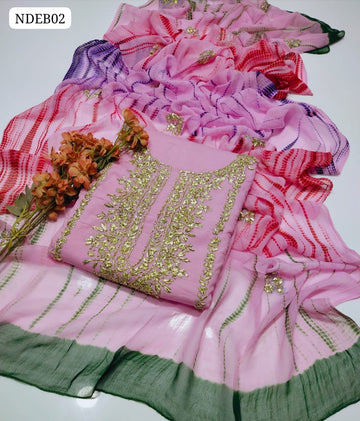 Pure Lawn 100/100 Hande Made Gota Gala Bail Qurta Style Neat Work Shirt With Gota Embroidery Chiffon Crush Tei & Dei Dupatta And Plain Lawn Trouser 3Pc Dress